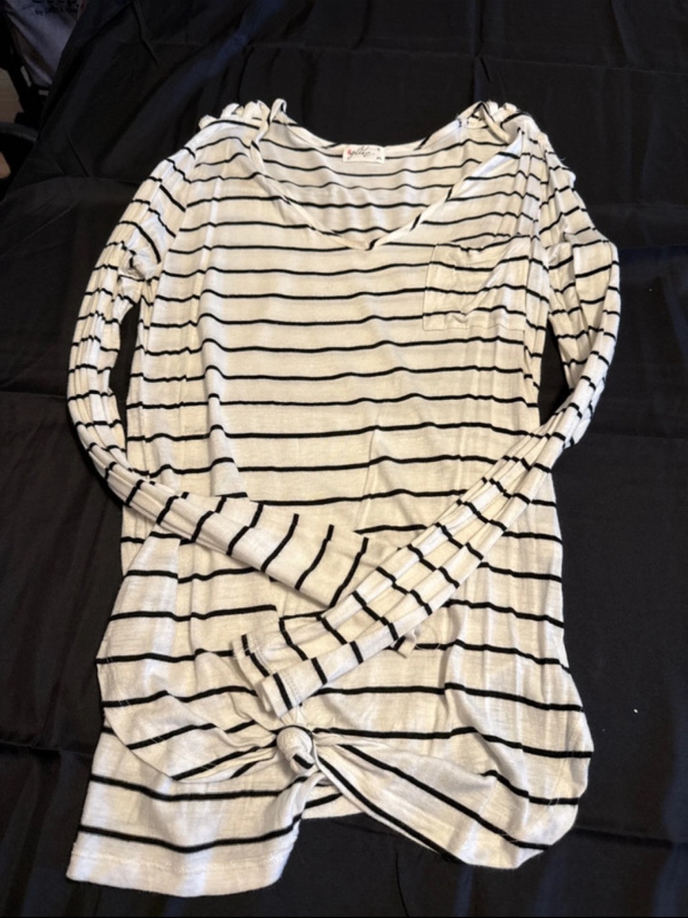 Glitz White and Black Striped Long-Sleeve Knot Hem Top